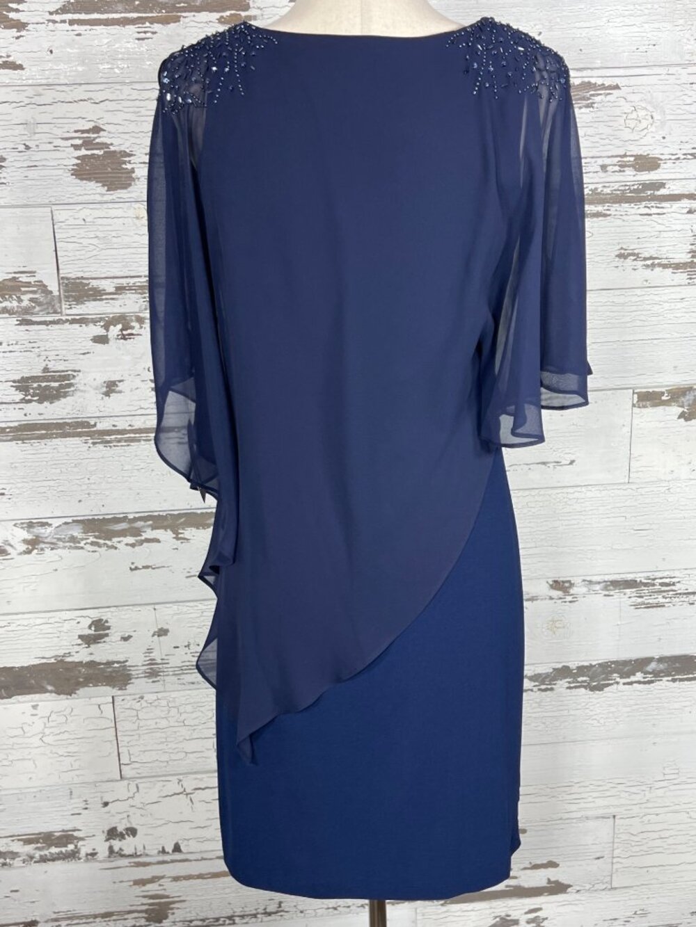 SL FASHIONS Chiffon Overlay Cape Sleeve Dress Navy Sz 6 NWT - Picture 5 of 8
